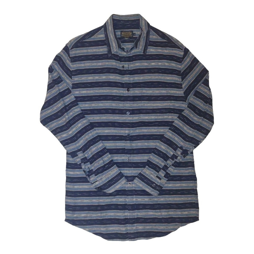 Pendleton Linen Blend Shirt Long Sleeve Blue Western Striped Size Medium Men's
